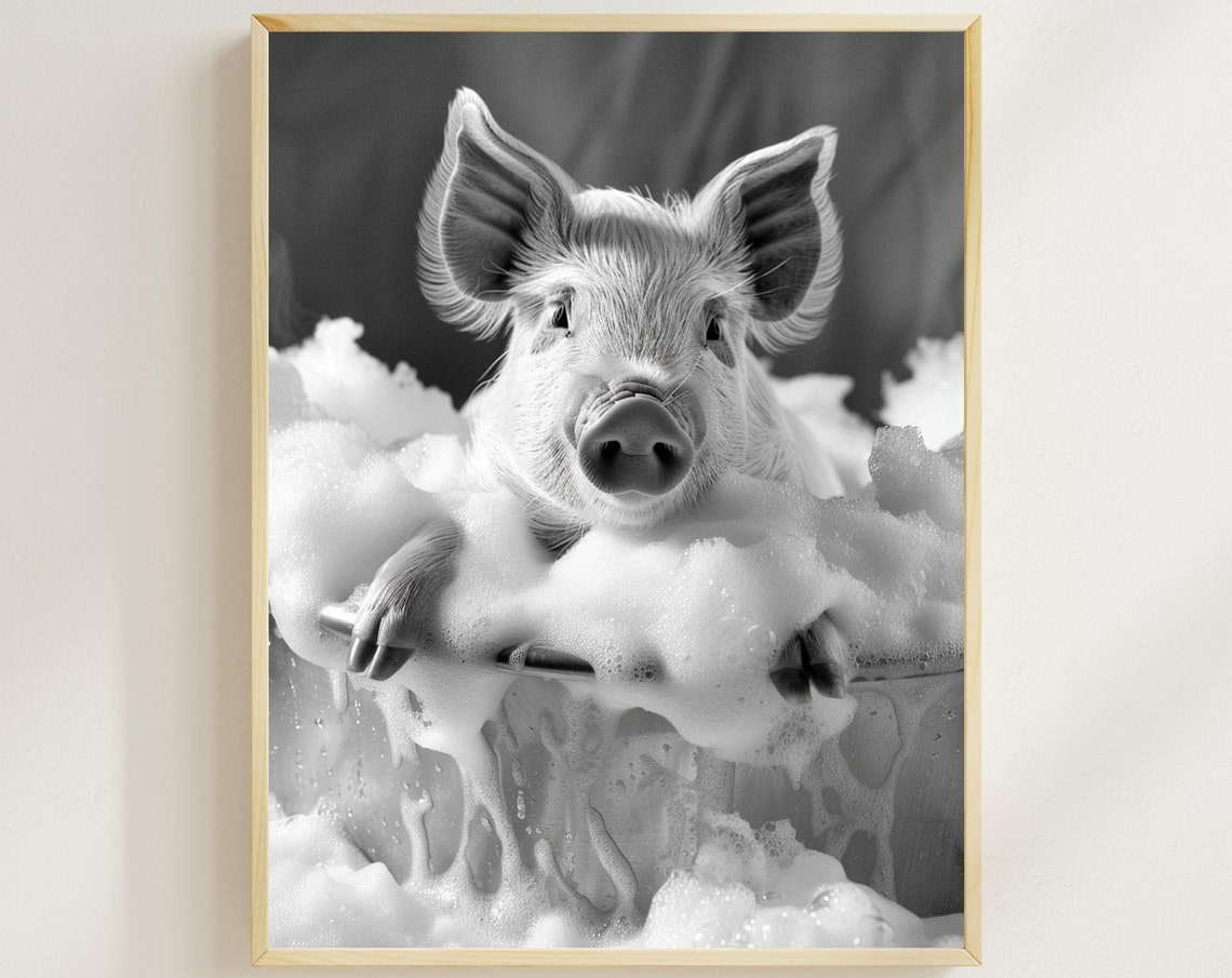 Pig Taking a Bubble Bath in Black and White Cute Animal Poster