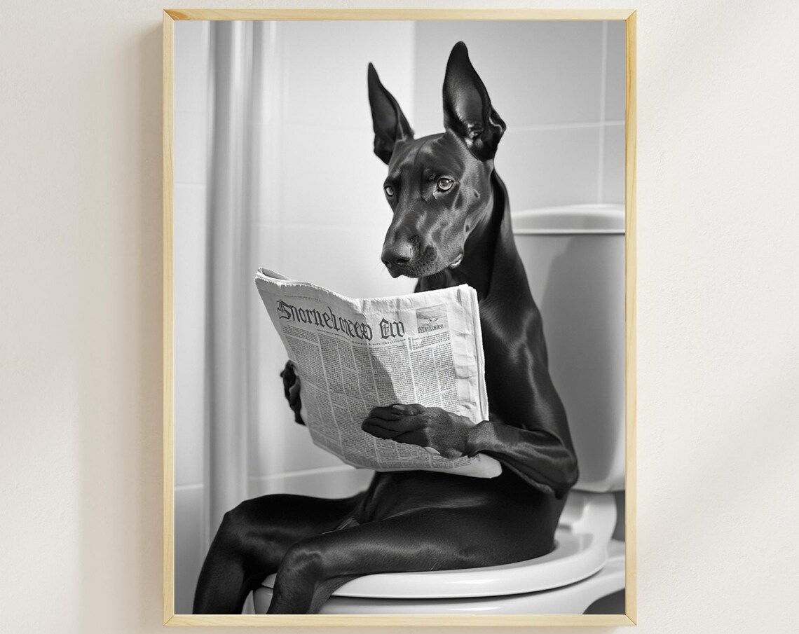 Great Dane on the Toilet Reading Newspaper Funny Bathroom Poster