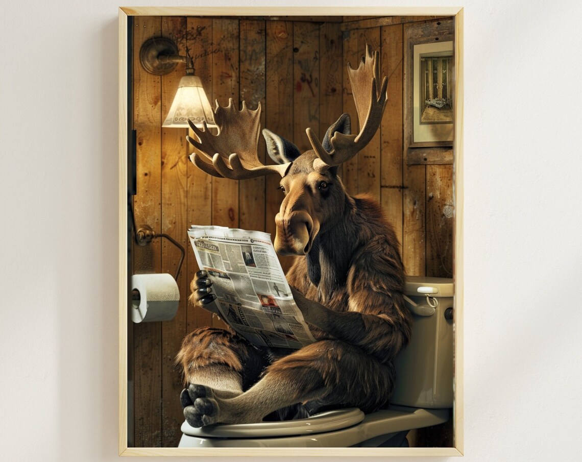 Moose Reading Newspaper On The Toilet Funny Bathroom Humor Poster