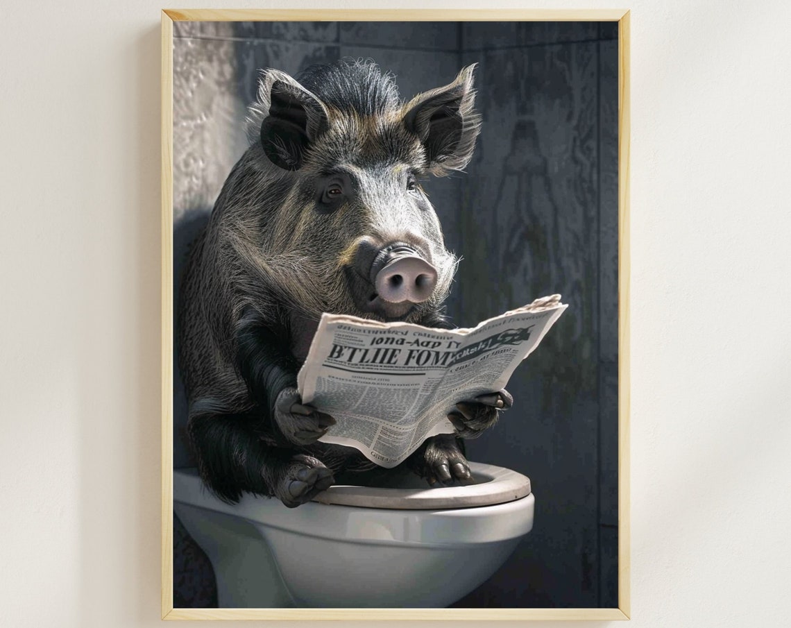 Wild Boar Reading Newspaper on Toilet Funny Colorful Bathroom Poster