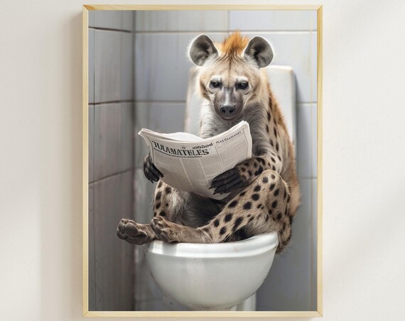 Hyena Sitting On The Toilet Reading A Newspaper Funny Bathroom Wall Decor Animal Humor Prints Funny Animal Print Bathroom Humor Ai Art