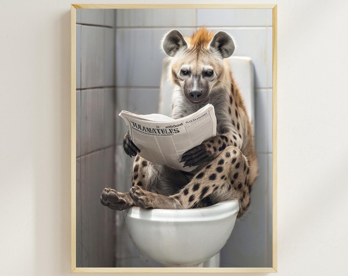 Spotted Hyena Reading Newspaper on Toilet Funny Bathroom Poster
