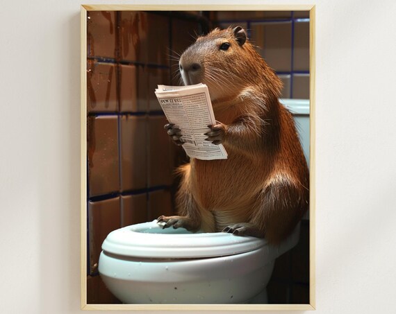Capybara Sitting On The Toilet Reading A Newspaper Funny Bathroom Wall Decor Animal Humor Prints Funny Animal Print Ai Art