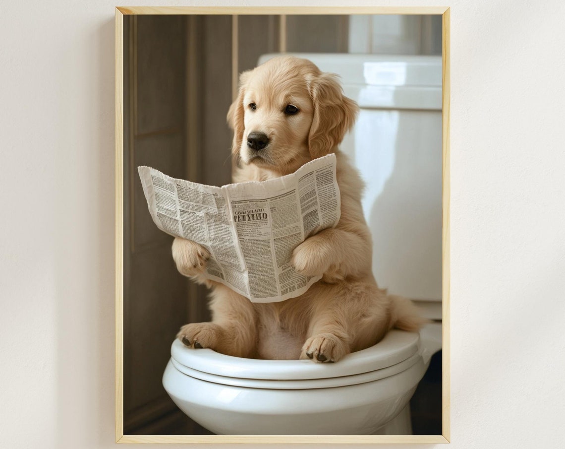 Funny Golden Retriever Puppy on Toilet Reading Newspaper Poster