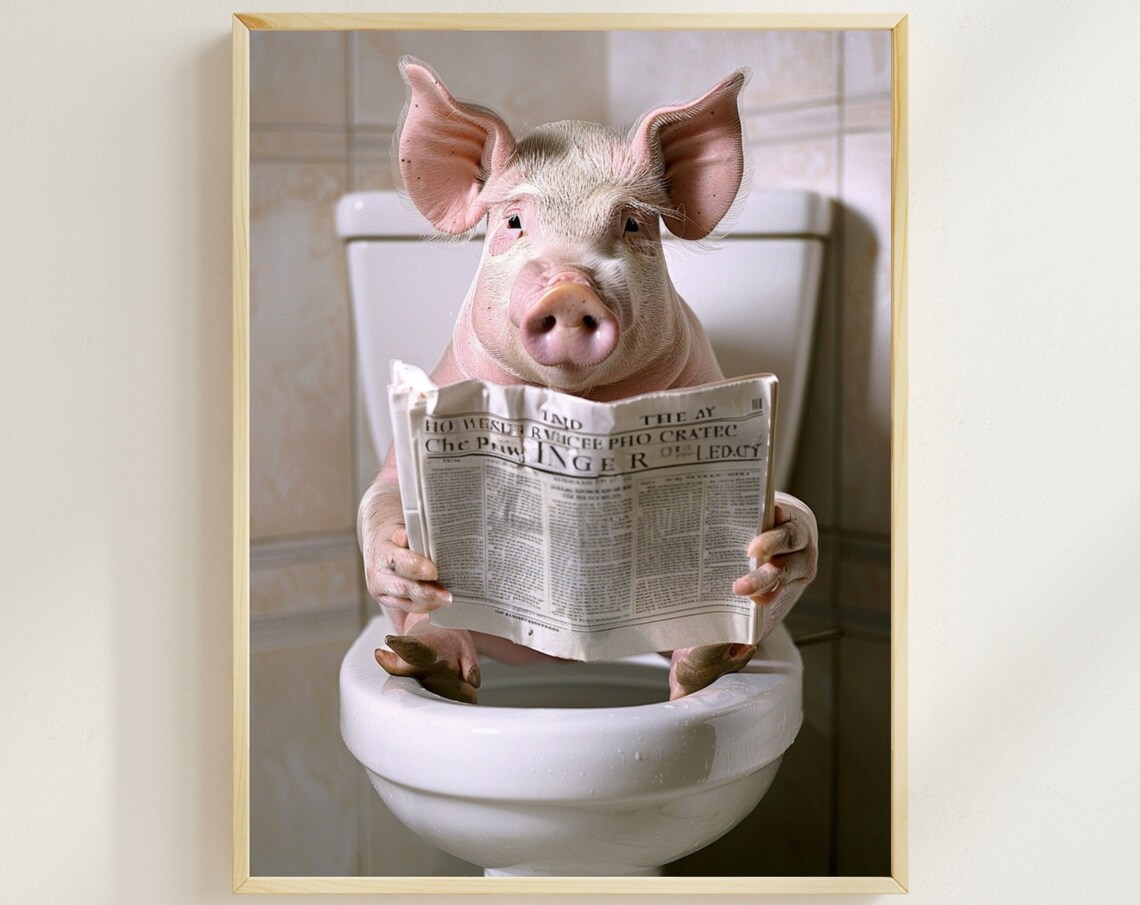 Pink Pig Reading a Newspaper on the Toilet Funny Color Bathroom Poster