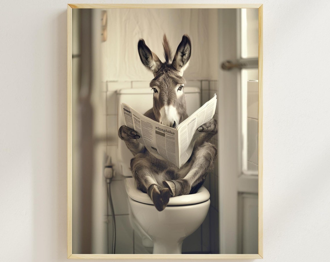 Donkey Reading a Newspaper While Sitting on the Toilet Funny Poster