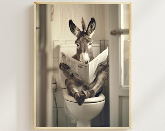 Donkey Sitting On The Toilet Reading A Newspaper Funny Bathroom Wall Decor Funny Animal Print Home Printables Poster Ai Art