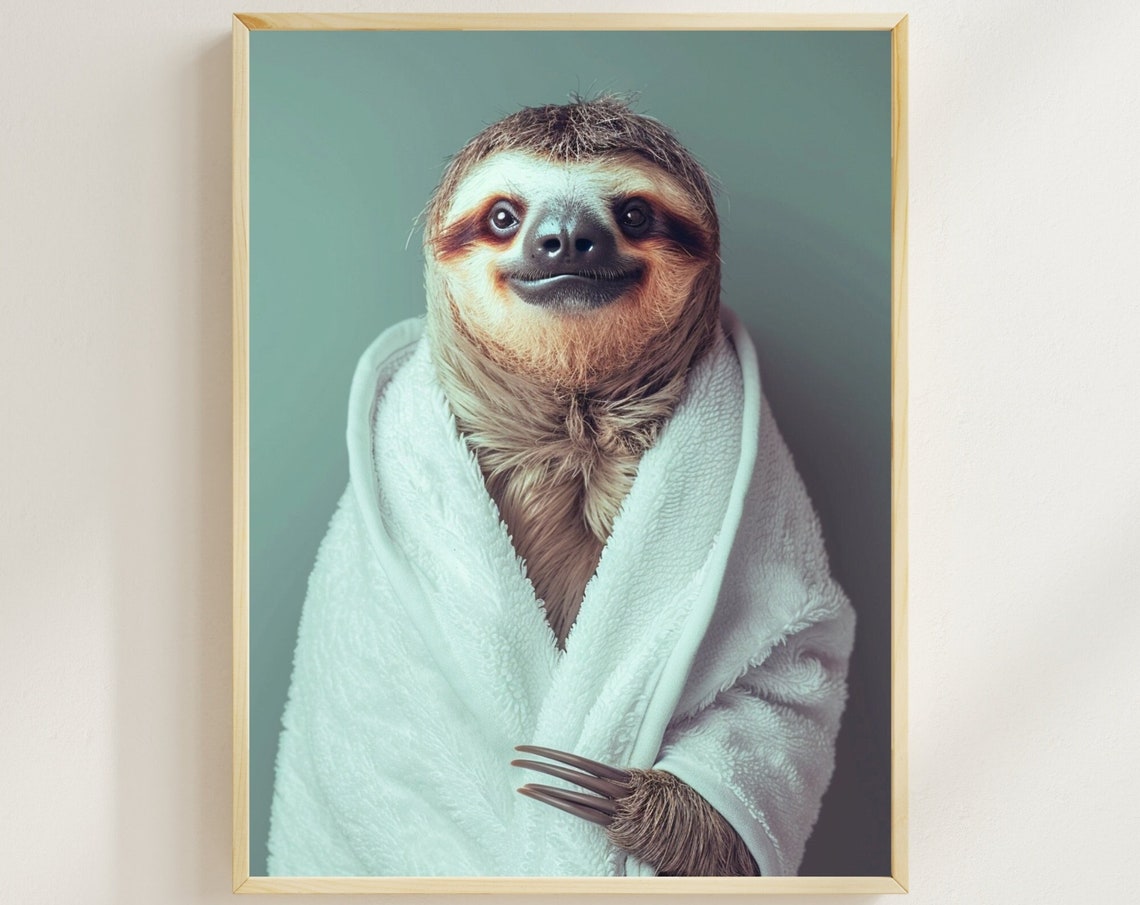 Smiling Sloth Wrapped In A White Bathrobe Quirky Bathroom Poster