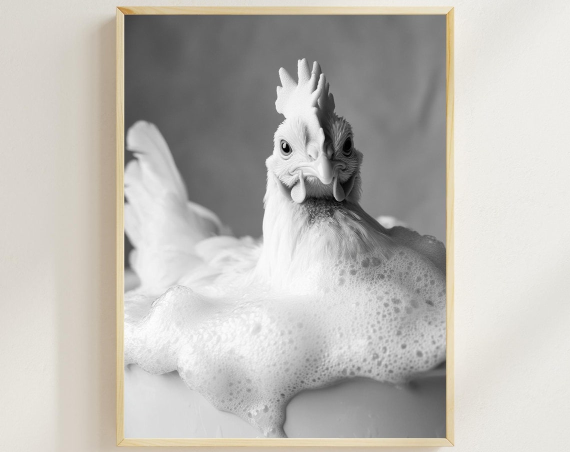 White Chicken in Bubble Bath Black and White Funny Bathroom Poster