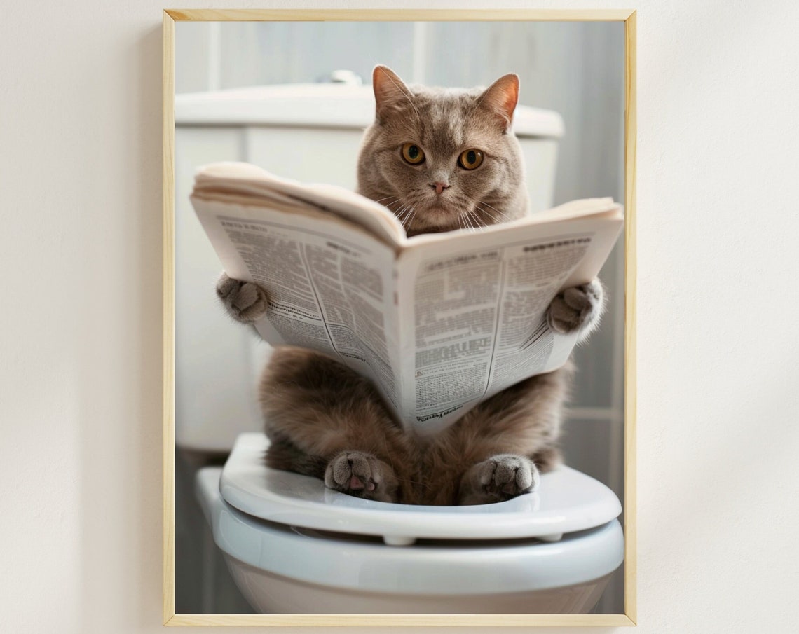 British Shorthair Cat Reading Newspaper on Toilet Funny Cat Poster