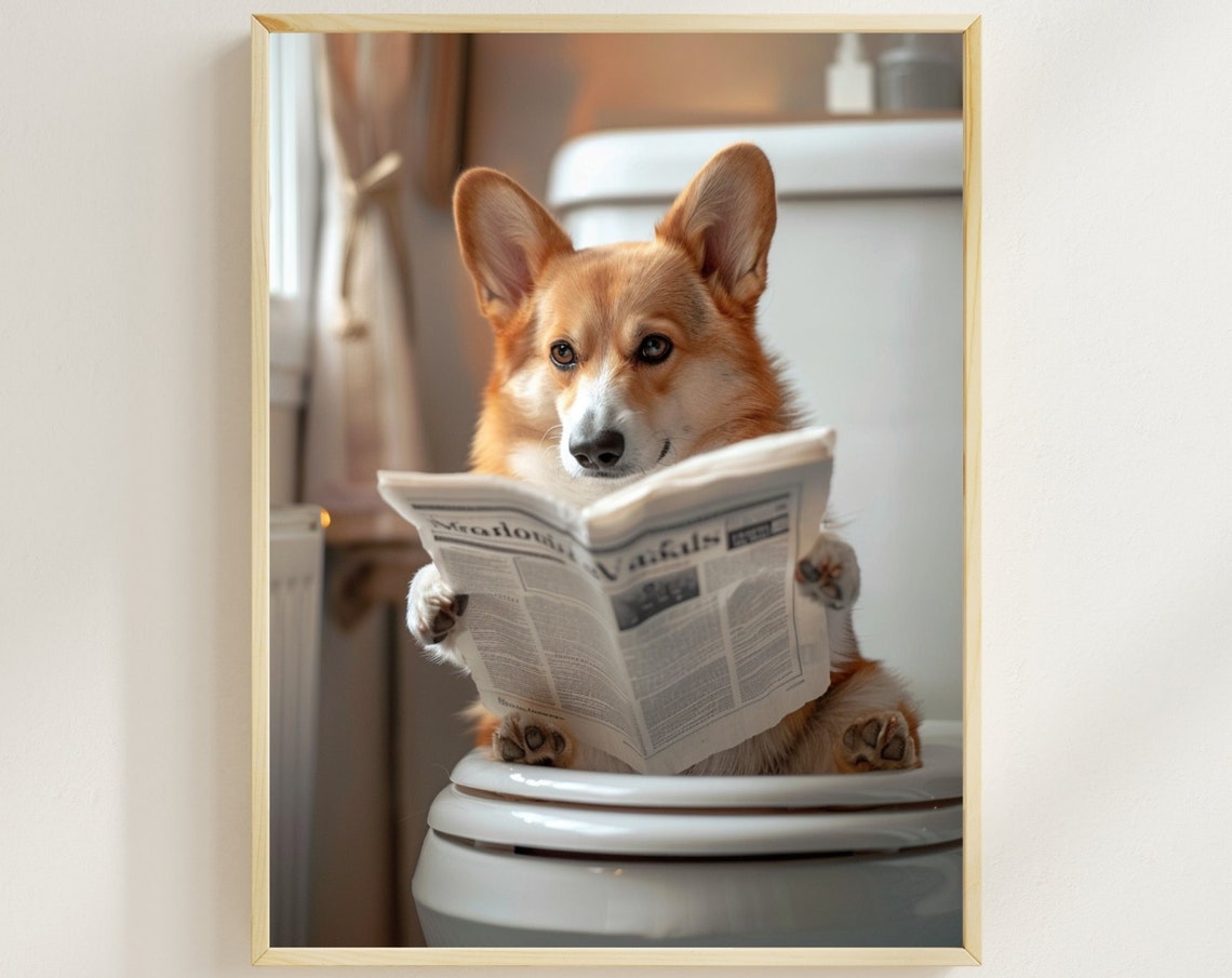 Corgi Reading a Newspaper While Sitting on the Toilet Funny Poster