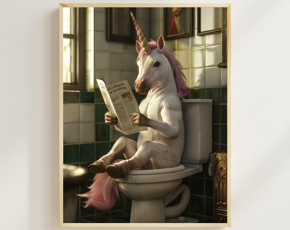 Unicorn Reading Newspaper On The Toilet Funny Bathroom Humor Poster