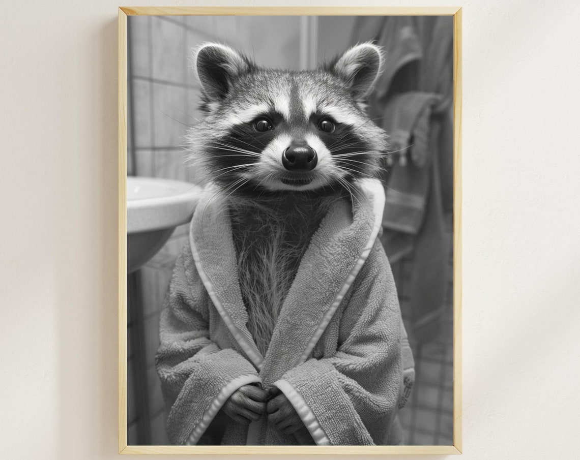 Raccoon in White Bathrobe Black and White Funny Bathroom Poster