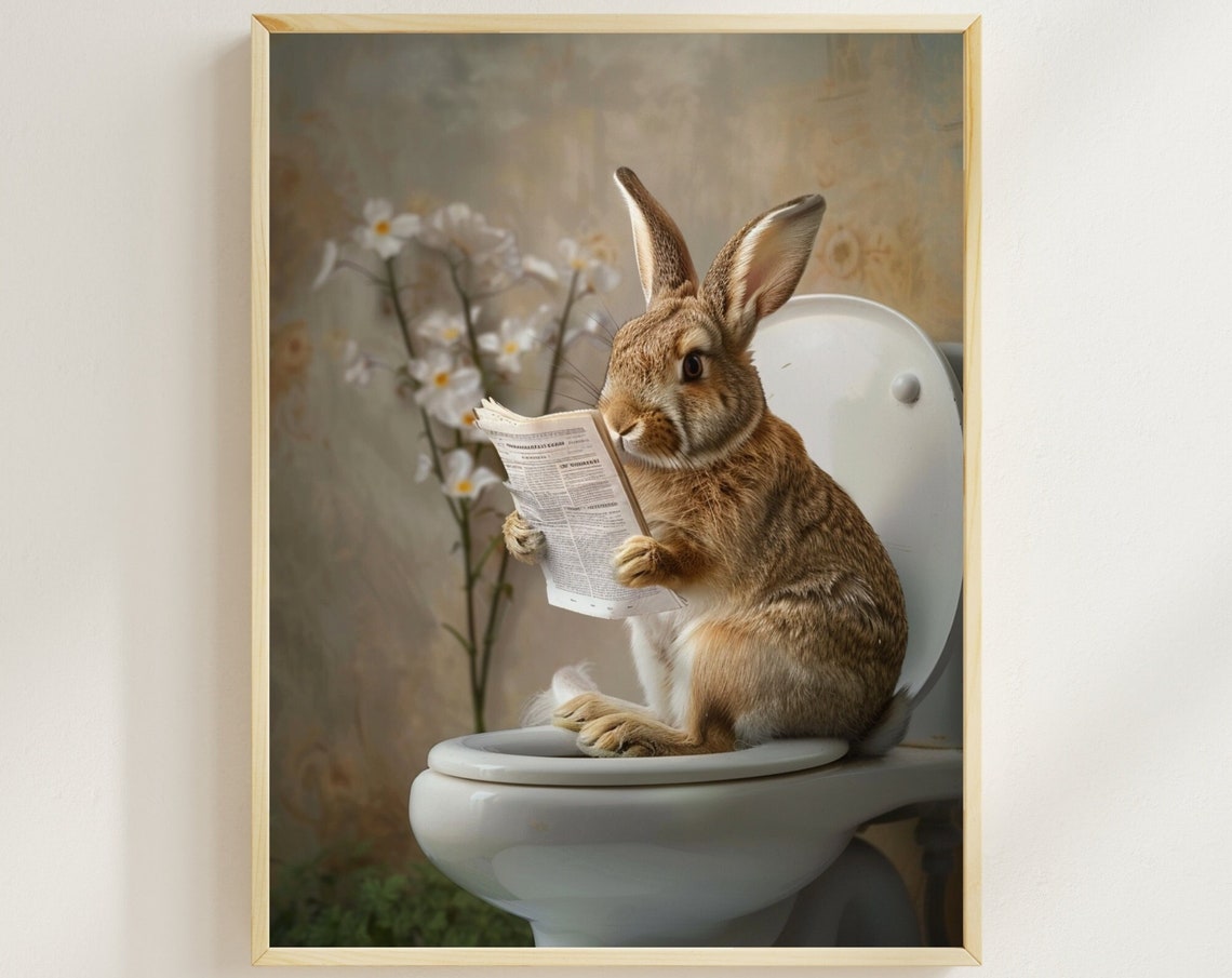 Rabbit Reading a Newspaper While Sitting on the Toilet Cute Poster