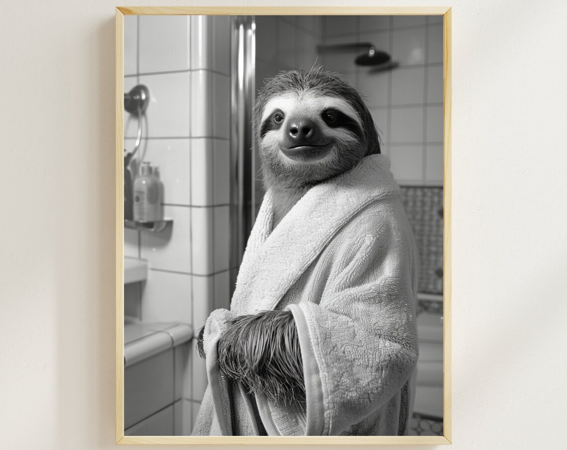 Smiling Sloth in White Bathrobe Black and White Bathroom Poster