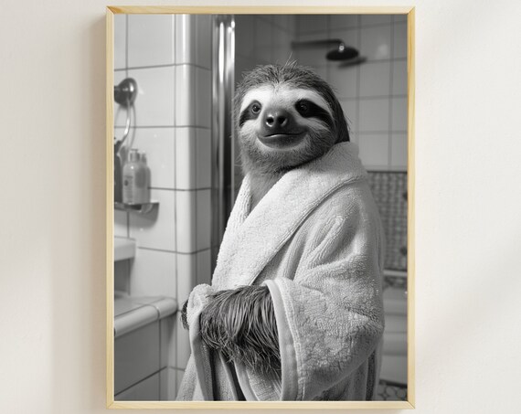 Smiling Sloth in White Bathrobe Black and White Bathroom Poster