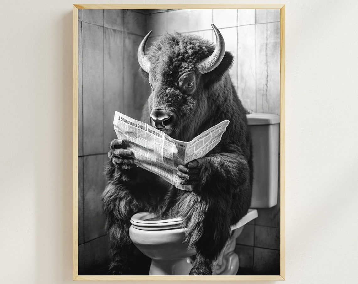 Funny Bison Sitting on Toilet Reading Newspaper Bathroom Poster