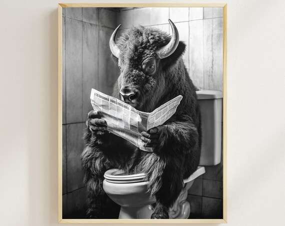 Funny Bison Sitting on Toilet Reading Newspaper Bathroom Poster