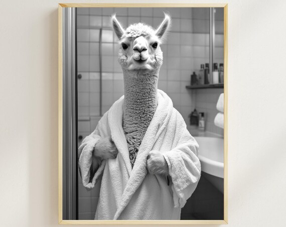 Alpaca In A Bathrobe Monochrome Vintage Bathroom Humor Poster