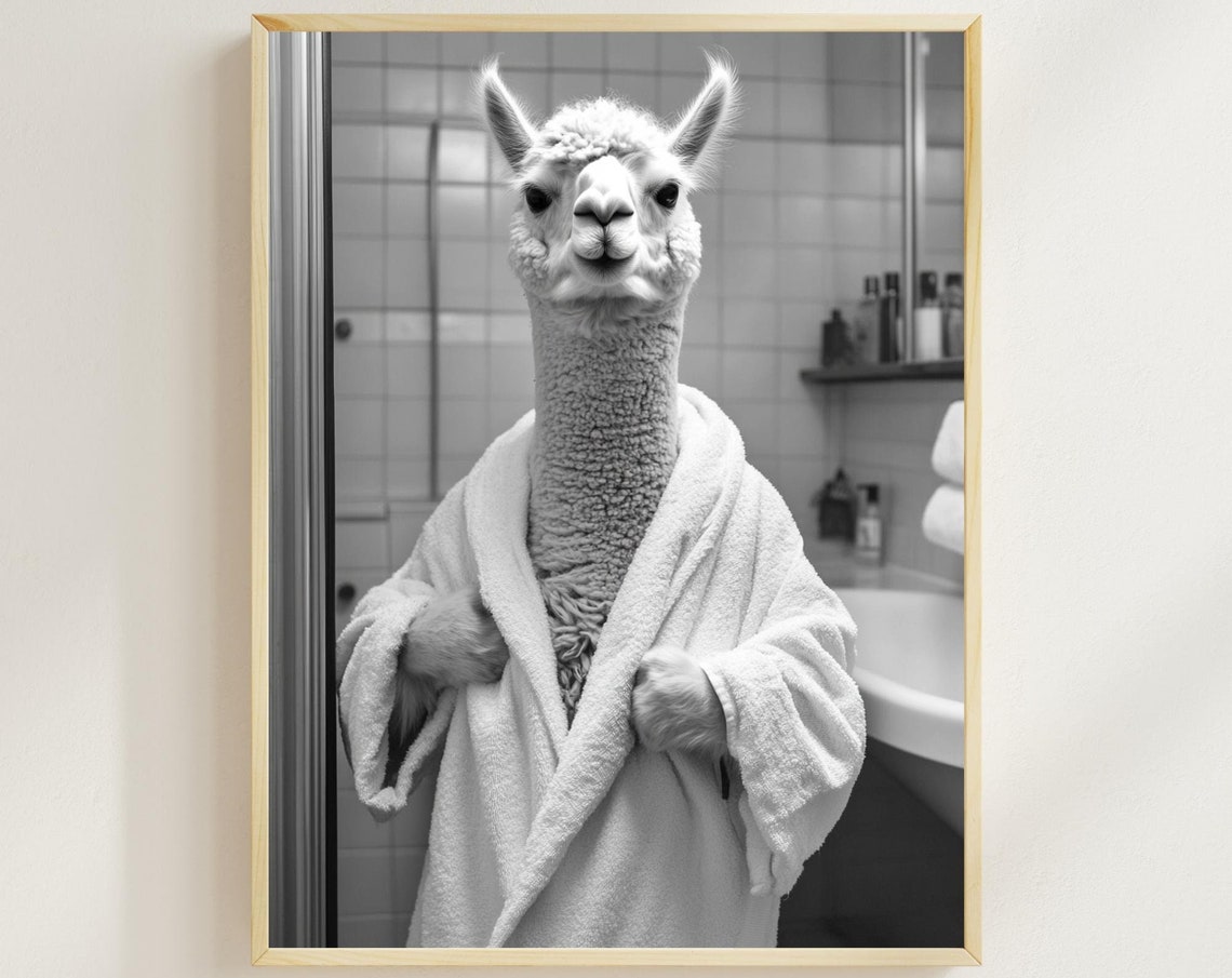 Alpaca In A Bathrobe Monochrome Vintage Bathroom Humor Poster