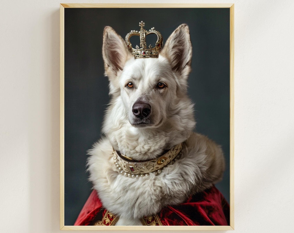 White German Shepherd King in a Red Robe and Crown Color Dog Poster