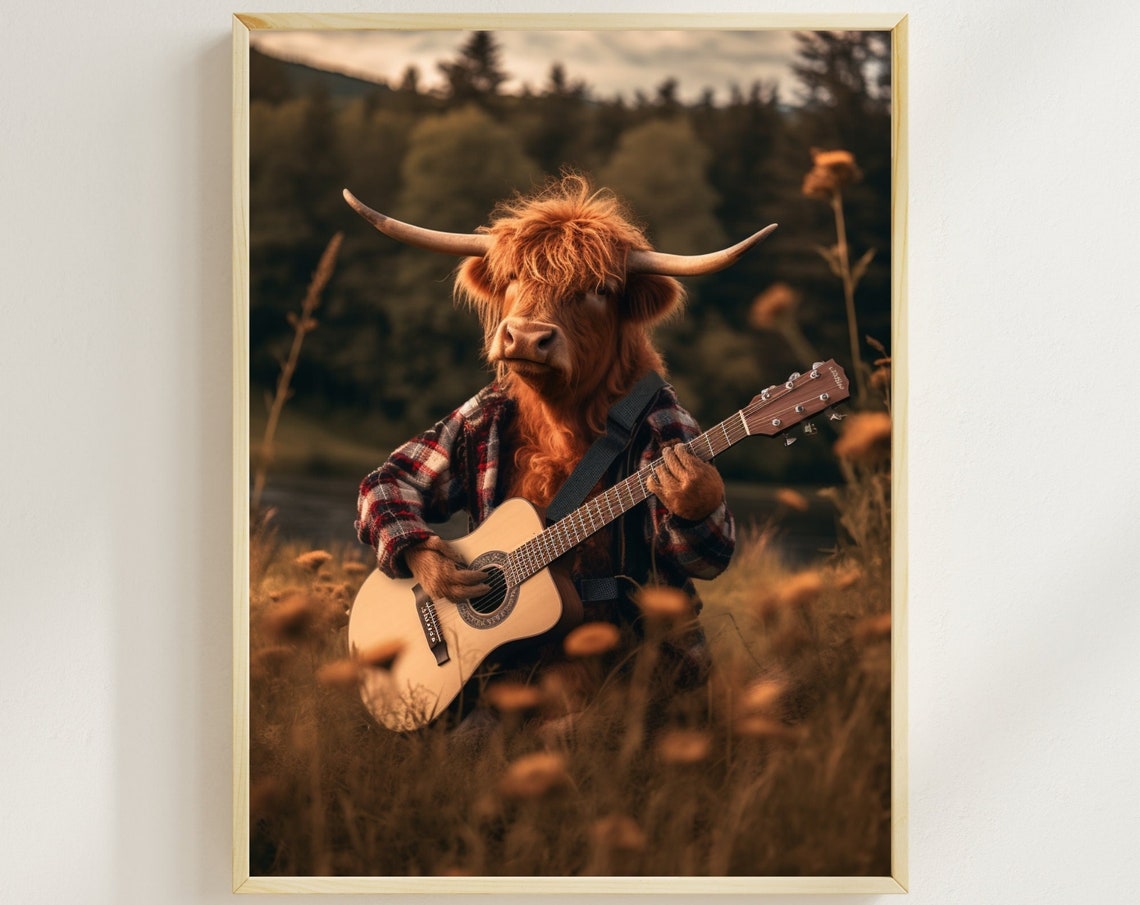 Highland Cow Playing Guitar Funny Animal Print Funny Cow Wall Art Music Decor Farm Animal Art Retro Cow Humour Vintage Animal Print