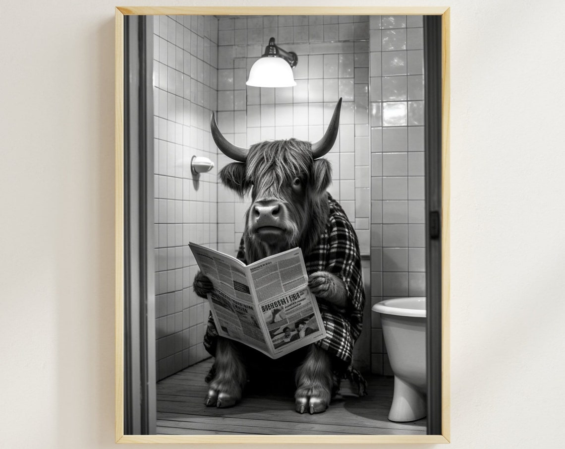 Highland Cow Reading a Newspaper on the Toilet Black and White Poster