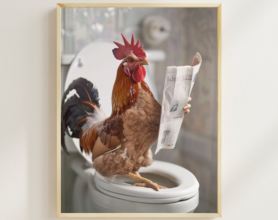 Rooster Reading a Newspaper While Perched on the Toilet Funny Poster