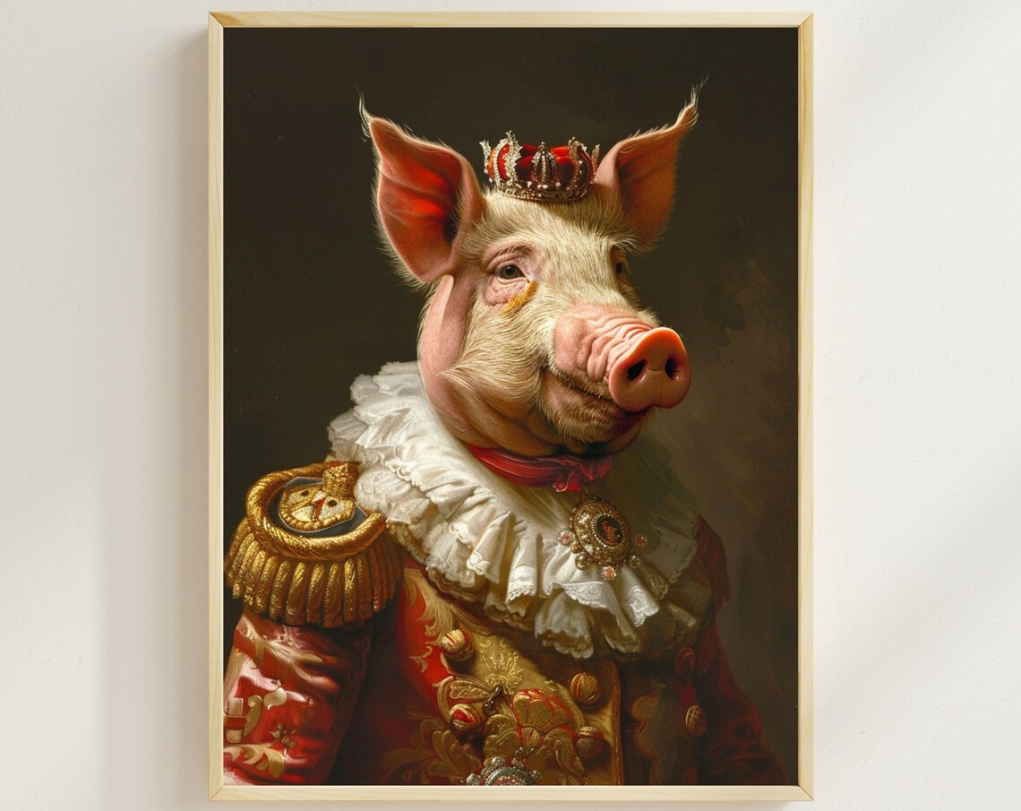 Royal Pig King in Red Military Uniform With Jeweled Crown Color Poster