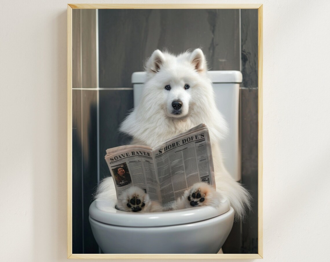 Samoyed Reading Newspaper on Toilet Fluffy White Dog Bathroom Poster