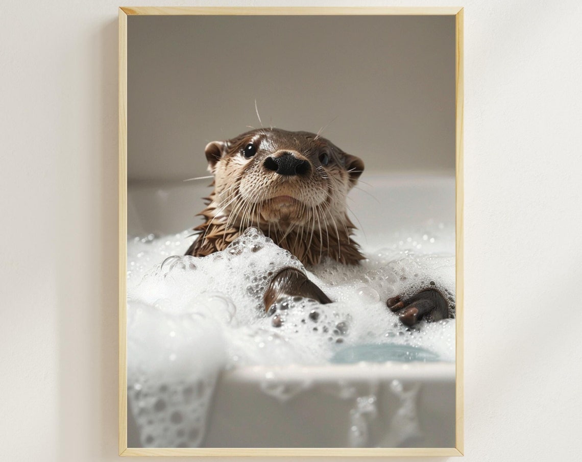 Cute Otter Splashing in Bubble Bath Funny Animal Bathroom Wall Art