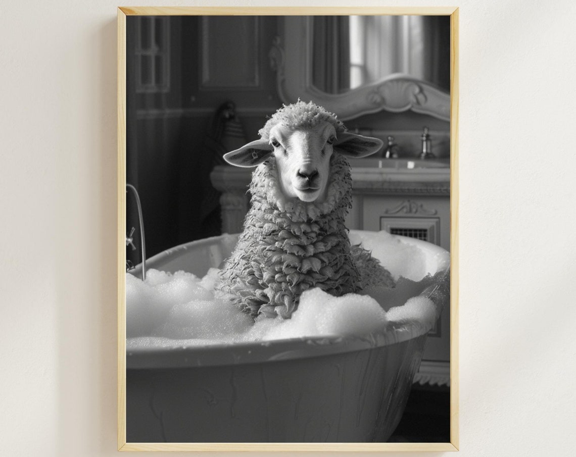 Sheep Enjoying a Bubble Bath in an Elegant Vintage Bathroom Poster