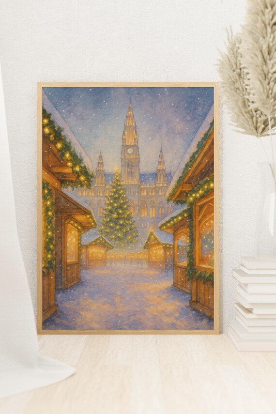 Vienna Christmas Market Rathaus Square Snowy Holiday Watercolor Poster