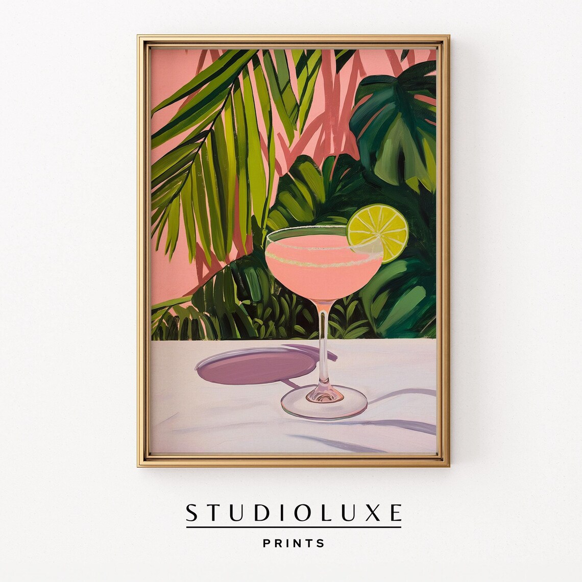 Pink Margarita Cocktail With Lime Tropical Palm Bar Art Poster