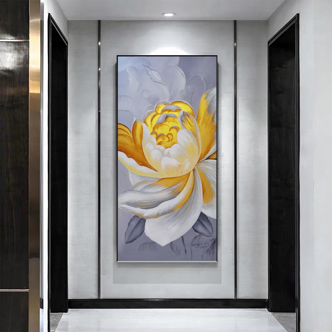 Large Hand Painted Abstract Blooming Gold Yellow Flower Oil Painting Living Room Entry Way Decor Wall Art Picture Gray Art Painting - Image 3
