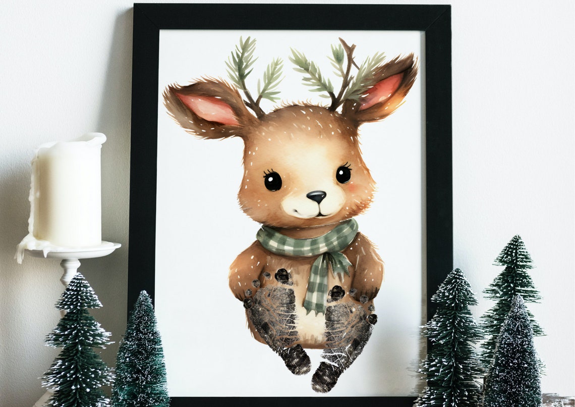 Cute Winter Deer With Green Scarf Baby Footprint Keepsake Poster - Image 4
