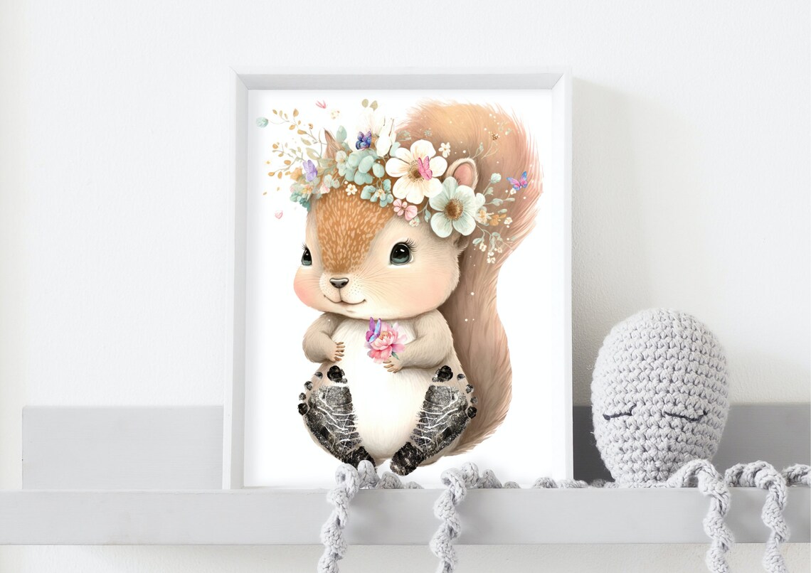 Baby Footprint Squirrel With Floral Decoration Art Print - Image 3