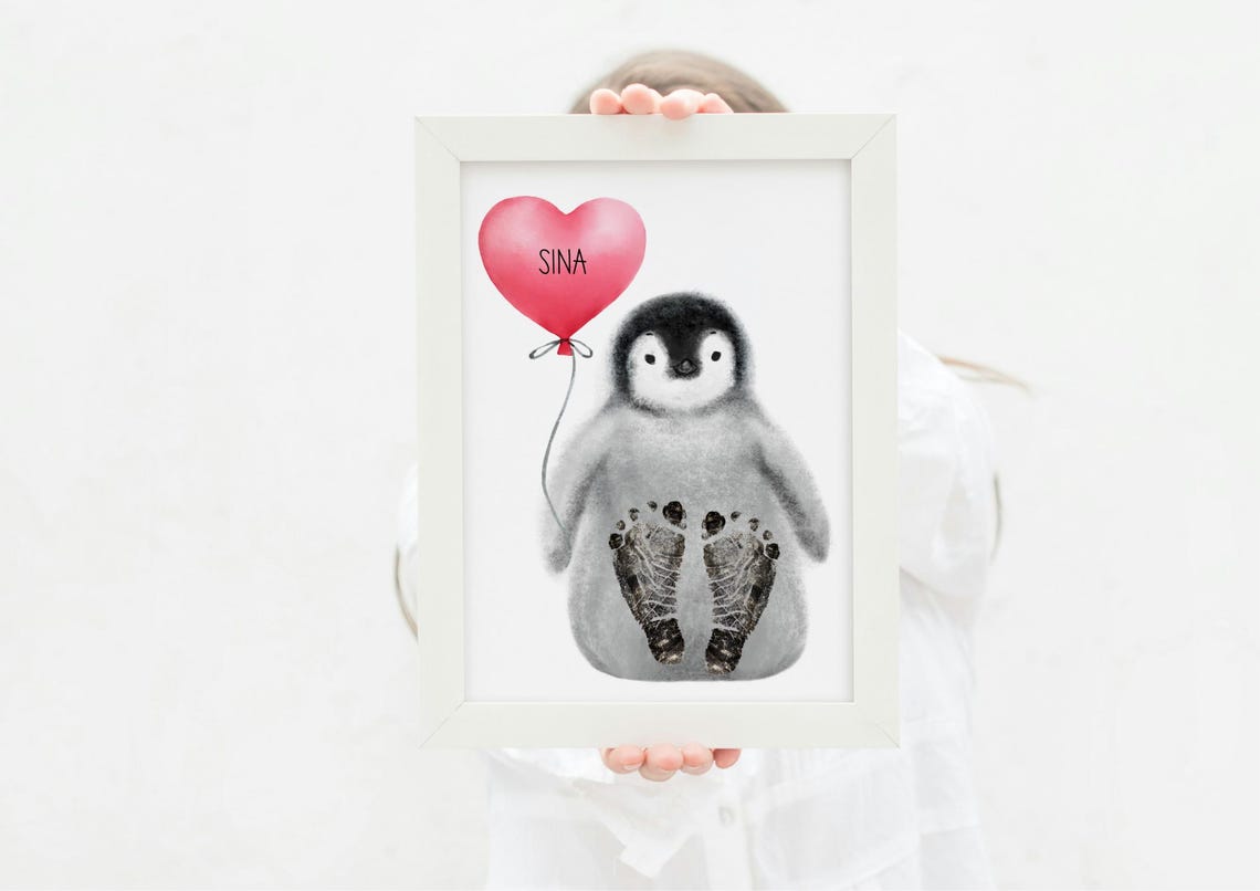 Personalized Penguin With Heart Balloon Name Footprint Poster - Image 2