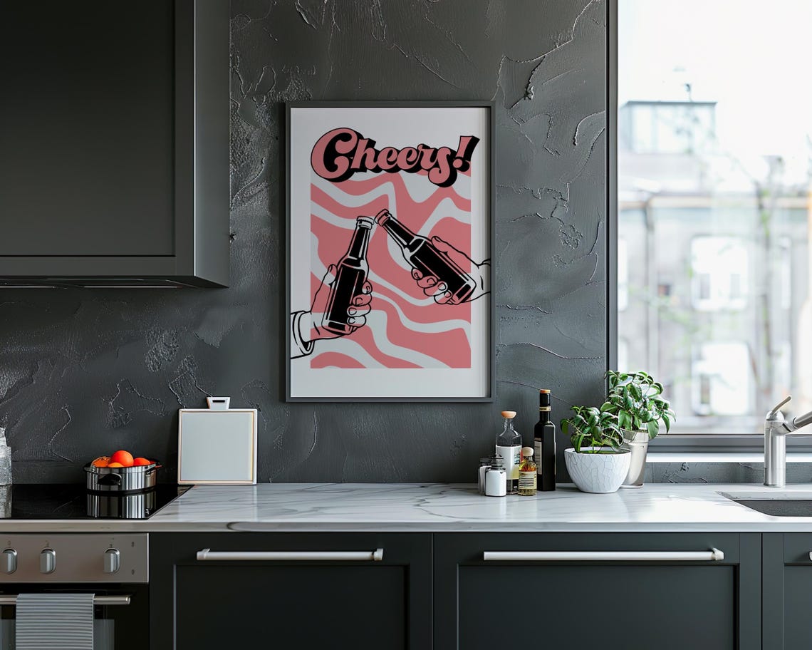 Cheers Beer Bottles Clinking Pink Retro Kitchen Bar Art Poster - Image 3