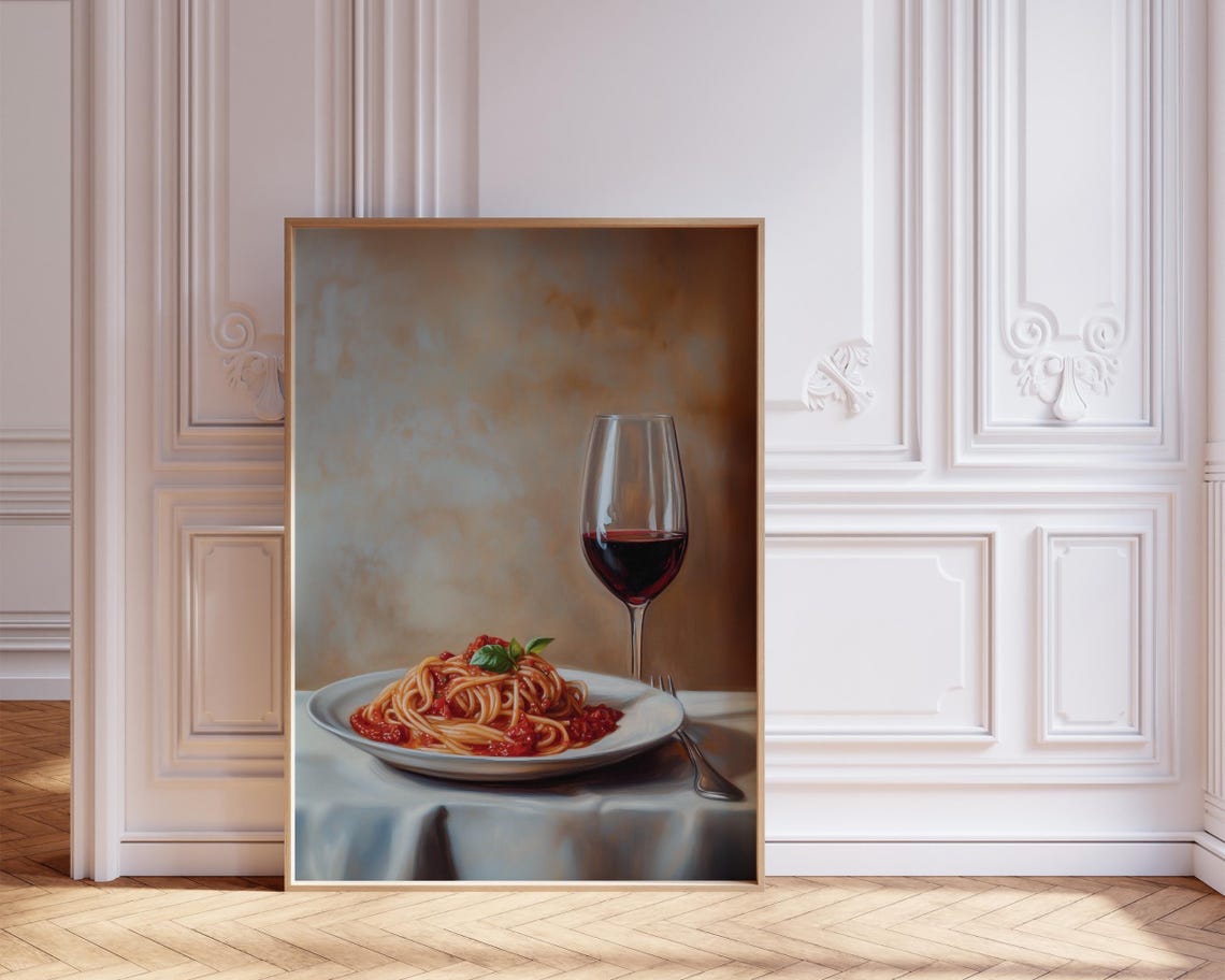 Spaghetti Marinara Red Wine Still Life Oil Painting Kitchen Poster - Image 6