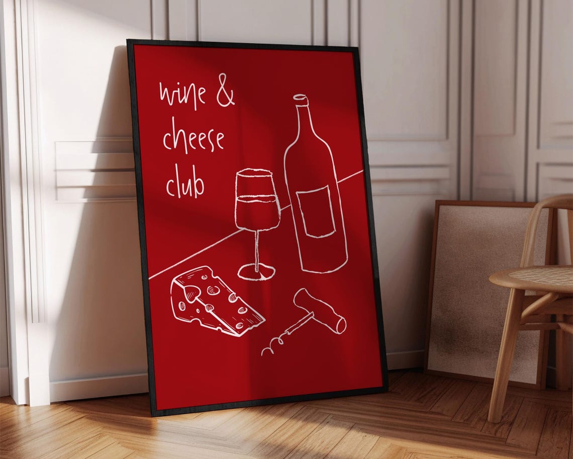 Wine and Cheese Club Red Line Art Minimalist Modern Kitchen Poster - Image 8