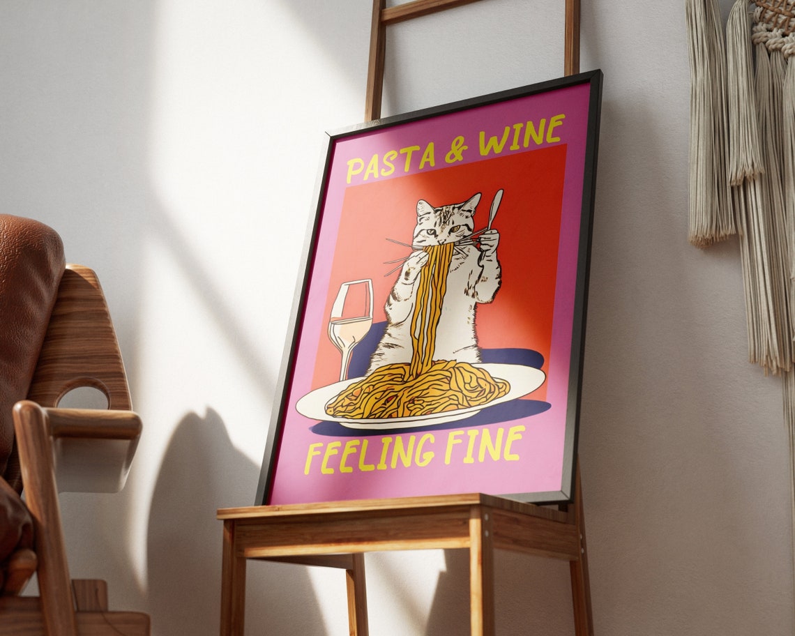 Pasta and Wine Feeling Fine Cat Spaghetti Fun Kitchen Art Poster - Image 4