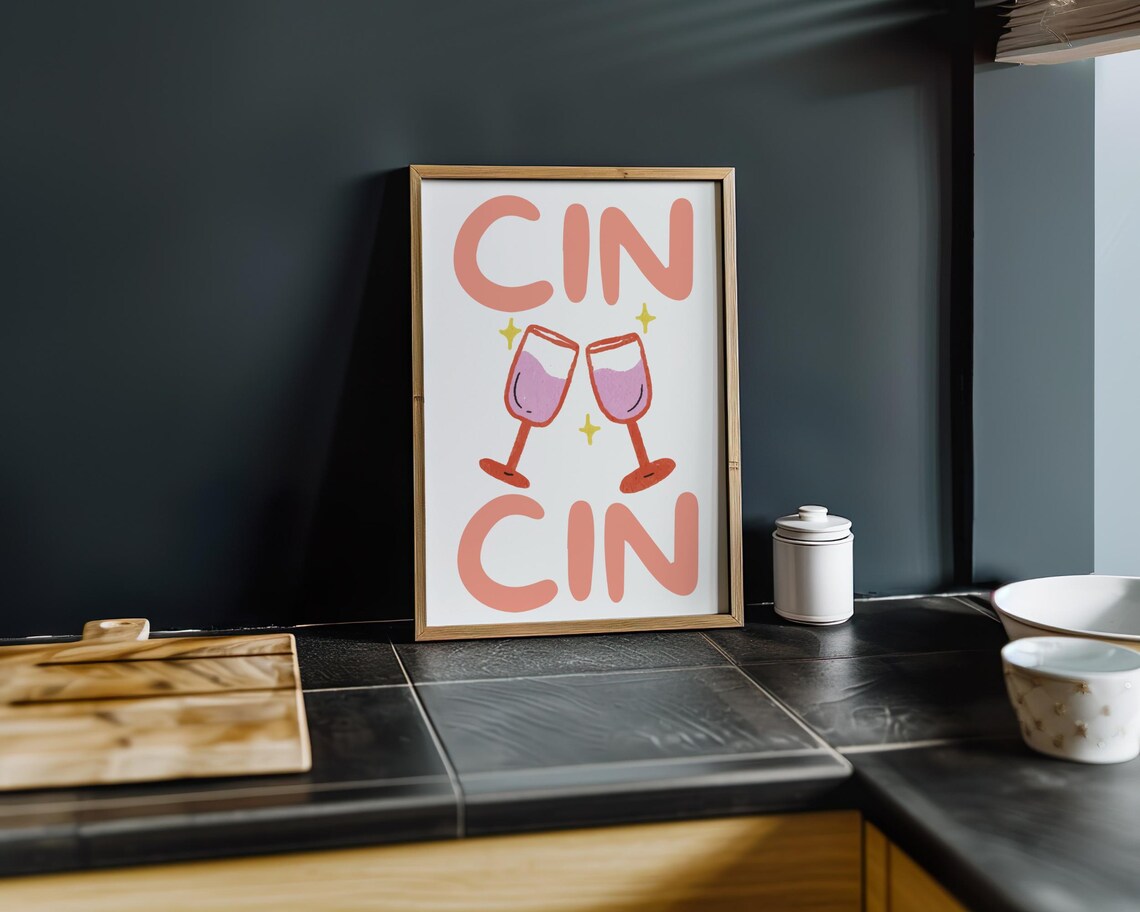 Cin Cin Cheers Wine Glasses Retro Cocktail Bar Cart Art Print - Image 7