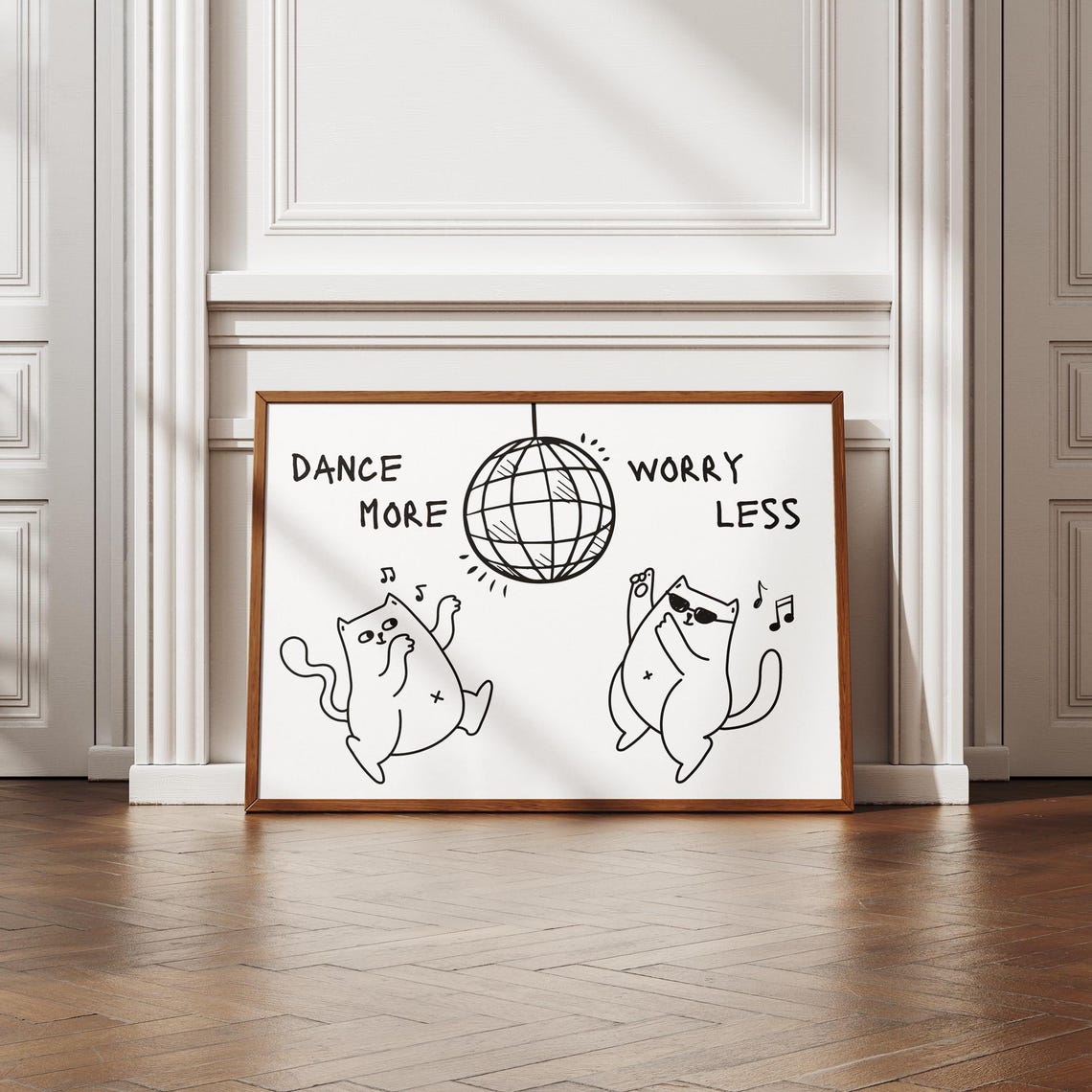 Dance More Worry Less Funny Disco Cats Line Drawing Art Poster - Image 5