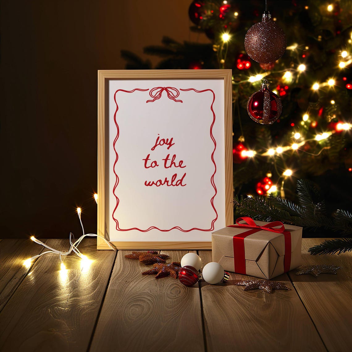 Joy To The World Red Script Bow Border Classic Christmas Poster - Image 3