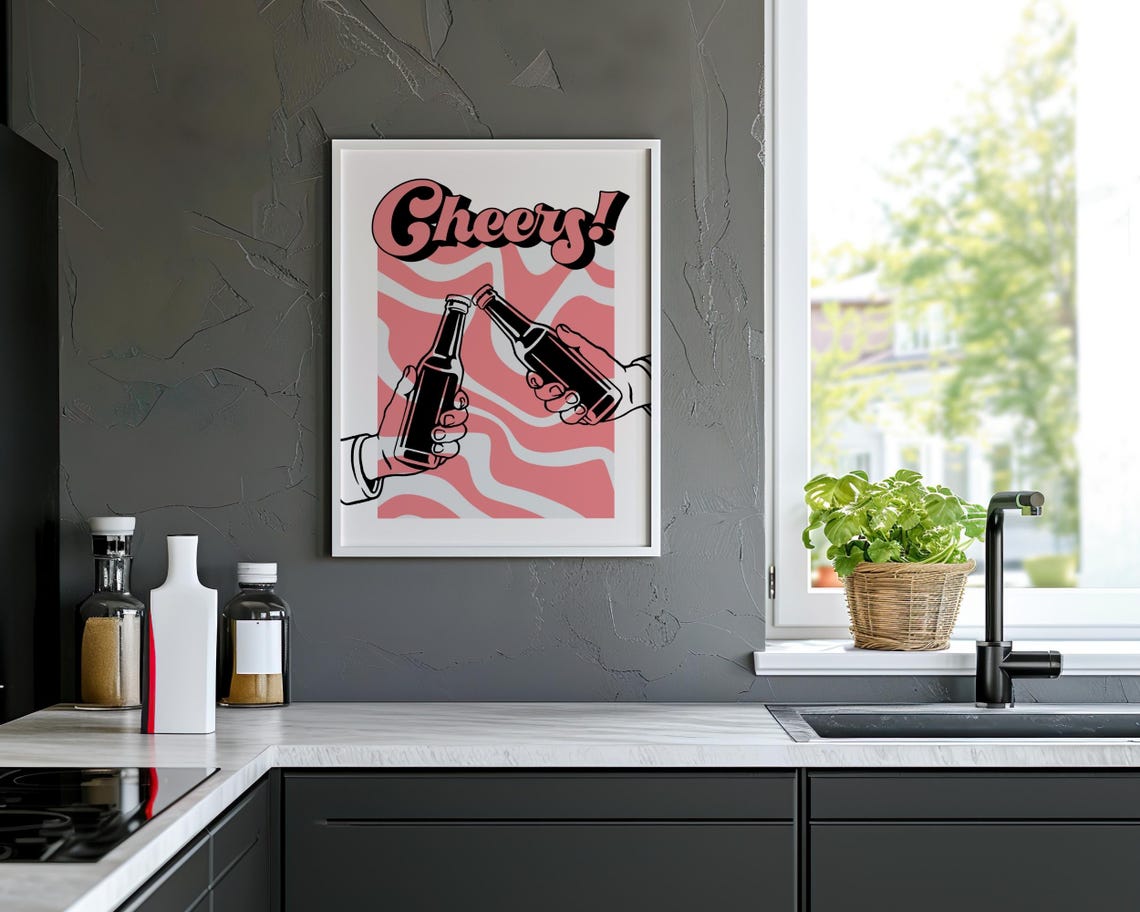 Cheers Beer Bottles Clinking Pink Retro Kitchen Bar Art Poster - Image 5
