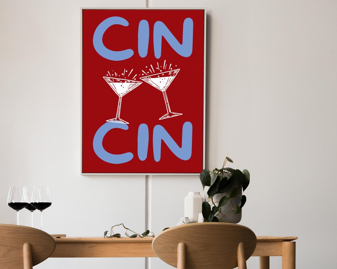 Cin Cin Red Martini Glasses Bold Retro Cocktail Bar Art Poster - Image 2
