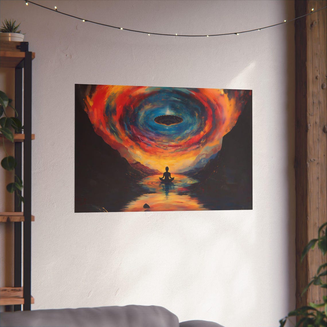 Lone Meditator Beneath UFO in Swirling Red Galaxy Canyon Poster - Image 2