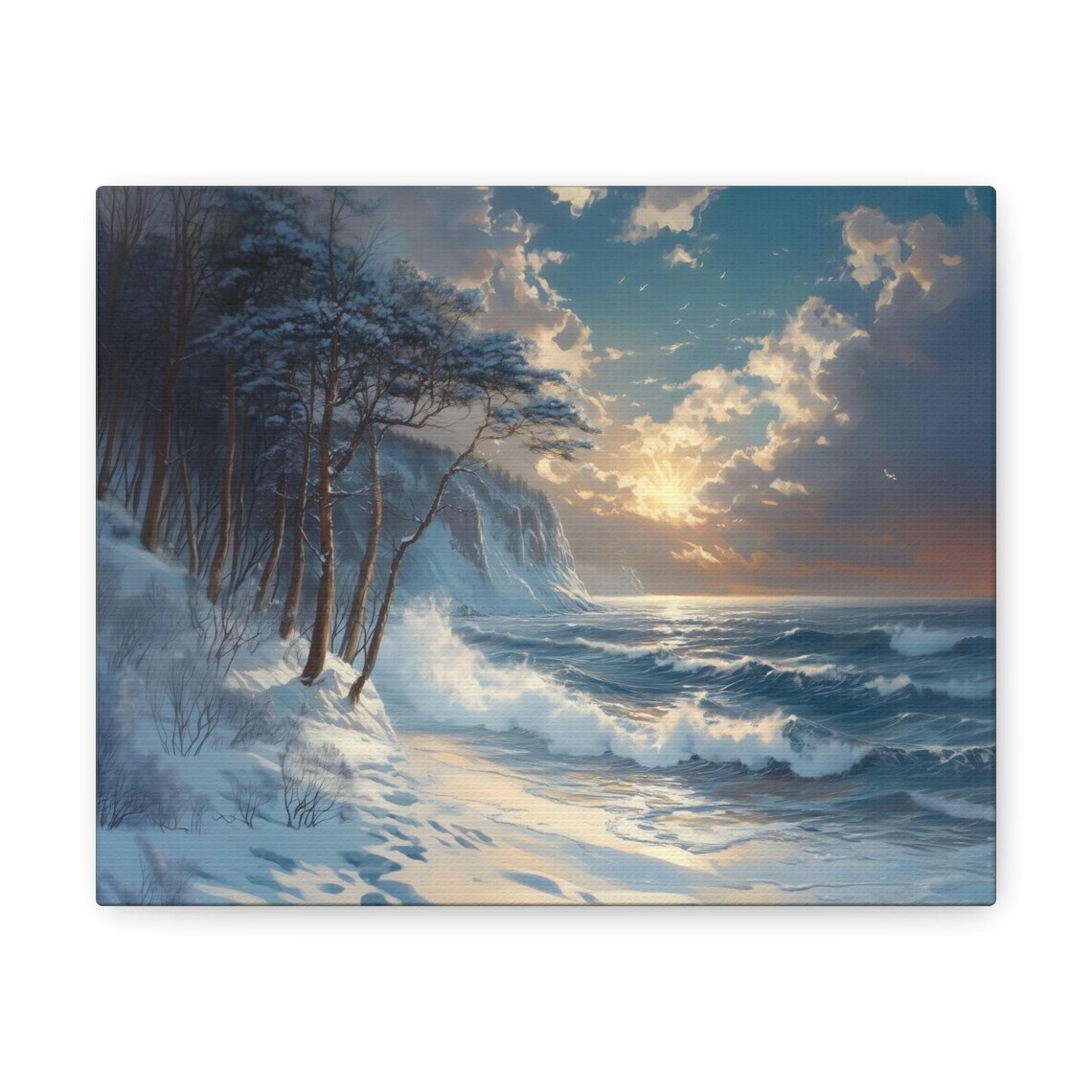 Snowy Coastal Cliffs With Crashing Waves Under Golden Sunset Clouds Wall Art - Image 3