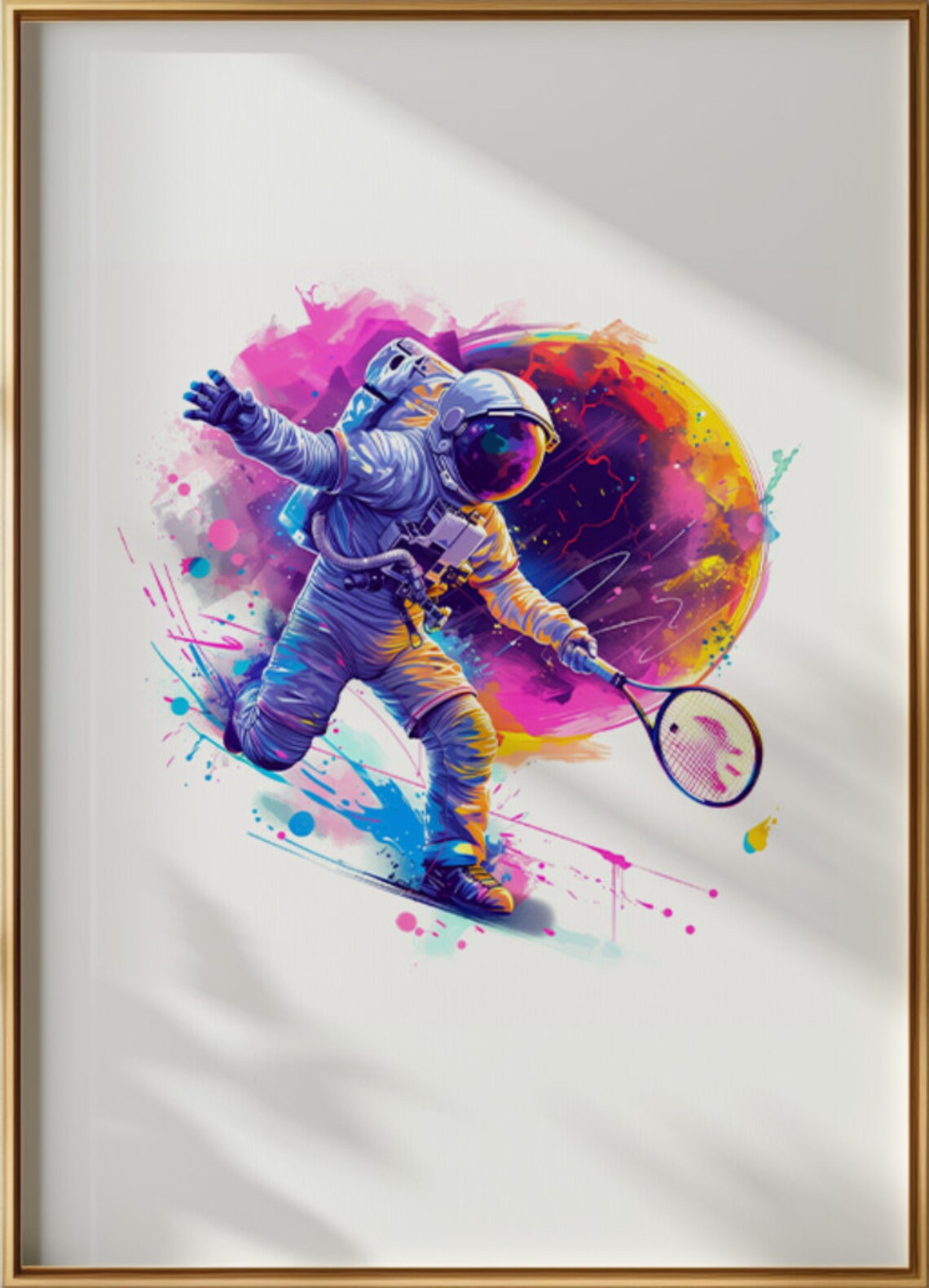 Astronaut Tennis Player Colorful Space Splash Watercolor Poster - Image 2